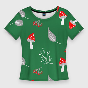 Женская футболка 3D Slim с принтом Грибочки на зеленом фоне, паттерн в Тюмени,  |  | berries | berry | cottagecore | forest | gray | mushroom | red | white | белый | бесшовный | ветки | веточки | грибочки | грибы | детский | зелены | красный | лес | лето | листики | листья | милый | минималистичный | мухоморы | осень