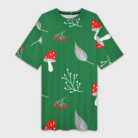 Платье-футболка 3D с принтом Грибочки на зеленом фоне, паттерн в Тюмени,  |  | berries | berry | cottagecore | forest | gray | mushroom | red | white | белый | бесшовный | ветки | веточки | грибочки | грибы | детский | зелены | красный | лес | лето | листики | листья | милый | минималистичный | мухоморы | осень