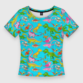 Женская футболка 3D Slim с принтом FUNNY DINOSAURS в Тюмени,  |  | animals | brontosaurus | childrens pictures | predators | pterodactyl | tyrannosaurus | бронтозавр | детские картинки | животные | птеродактиль | тиранозавр | хищники