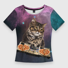 Женская футболка 3D Slim с принтом Космический котёнок диджей  Space DJ Cat в Тюмени,  |  | Тематика изображения на принте: galaxy | in space | pizza | vinyl | vynil | в космосе | винил | вселенная | галактика | диск жокей | космическая кошка | космический кот | космос | кот | котик | котята | микшер | пицца | прикол | пульт | юмор
