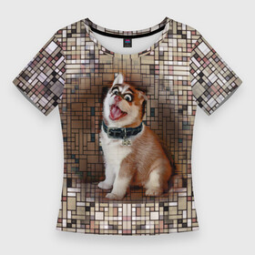 Женская футболка 3D Slim с принтом DIGITAL ART  ДЕВУШКА  СОБАКА  ПРЯМОУГОЛЬНИКИ в Тюмени,  |  | digital | девушка | девушка с собакой | девушка с щенком | прямоугольники | цифровой портрет | щенок