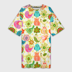 Платье-футболка 3D с принтом COLORFUL BIRDS в Тюмени,  |  | животные | птинец | птицы | сова | текстура | цветные | цветы