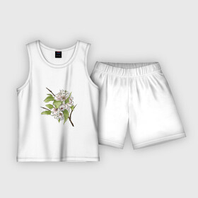 Детская пижама с шортами хлопок с принтом Нежные цветы на веточке в Тюмени,  |  | белые цветы | весна | груша | лето | листочки | листья | нежный | розовые цветы | сочный | цветочки | цветущее | цветы | яблоня | яркий