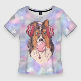 Женская футболка 3D Slim с принтом Собачка надувает жвачный пузырь в Тюмени,  |  | жвачка | жвачный пузырь | пузырь | собака | собачка