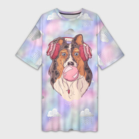 Платье-футболка 3D с принтом Собачка надувает жвачный пузырь в Тюмени,  |  | жвачка | жвачный пузырь | пузырь | собака | собачка