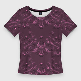 Женская футболка 3D Slim с принтом Вишневый орнамент из завитков и шаров в Тюмени,  |  | Тематика изображения на принте: блестящий | вишневый | завитки | кружево | линии | орнамент | тренд | шар