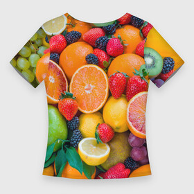 Женская футболка 3D Slim с принтом ABUNDANCE OF FRUITS в Тюмени,  |  | colorful | fresh | grape | green | healthy | lemon | orange | pineapple | red | strawberry | summer | sweet | vegetarian | yellow | ананас | апельсин | вегетарианский | виноград | желтый | здоровый | зеленый | клубника | красный | красочный | лето | лимон