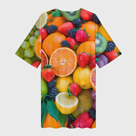 Платье-футболка 3D с принтом ABUNDANCE OF FRUITS в Тюмени,  |  | colorful | fresh | grape | green | healthy | lemon | orange | pineapple | red | strawberry | summer | sweet | vegetarian | yellow | ананас | апельсин | вегетарианский | виноград | желтый | здоровый | зеленый | клубника | красный | красочный | лето | лимон