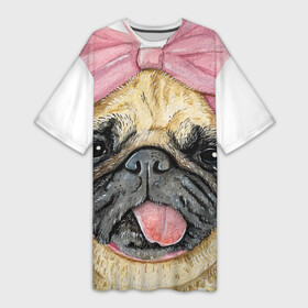 Платье-футболка 3D с принтом Мопсик улыбашка милашка c бантиком в Тюмени,  |  | акварель | животное | зверушка | милая собачка | мило | милое животное | мимими | мопс | мопсик | няшно | песик | собака | собака улыбака