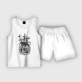 Детская пижама с шортами хлопок с принтом The frigate and the Pirate s Skull в Тюмени,  |  | anchor | emblem | fish | frigate | mast | ornament | skull | мачта | орнамент | рыба | фрегат | череп | эмблема | якорь