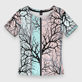 Женская футболка 3D Slim с принтом Абстрактный узор tree branches в Тюмени,  |  | abstract pattern | tree branches | абстрактный узор | ветки | мятный фон | полосатый узор | розовый