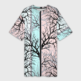 Платье-футболка 3D с принтом Абстрактный узор tree branches в Тюмени,  |  | abstract pattern | tree branches | абстрактный узор | ветки | мятный фон | полосатый узор | розовый