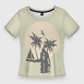 Женская футболка 3D Slim с принтом Влюбленная пара на острове island palm live в Тюмени,  |  | couple in love | island | live | palm | yacht | влюбленная пара | любовь | океан | остров | отдых на море | отпуск | пальма | яхта