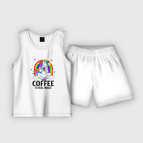 Детская пижама с шортами хлопок с принтом Кофе  настоящая магия в Тюмени,  |  | единорог | кофе | кофейный | магия | радуга | радужный