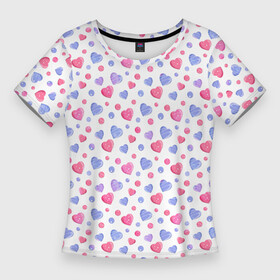 Женская футболка 3D Slim с принтом Милые карамельки сердечки на белом в Тюмени,  |  | baby | blue | bright | caramel | cute | female | heart | hearts | pink | pink hearts | white | белый | голубые | детский | женский | карамельный | милые | розовые | розовые сердечки | сердечки | сердце | яркий