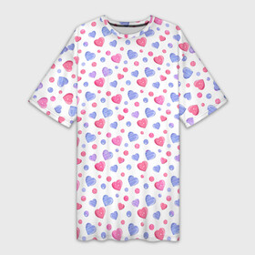Платье-футболка 3D с принтом Милые карамельки сердечки на белом в Тюмени,  |  | baby | blue | bright | caramel | cute | female | heart | hearts | pink | pink hearts | white | белый | голубые | детский | женский | карамельный | милые | розовые | розовые сердечки | сердечки | сердце | яркий