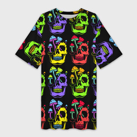 Платье-футболка 3D с принтом Мухоморы, растущие на черепе в Тюмени,  |  | color | eye sockets | fly agaric | jaw | mushroom | neon | skull | teeth | глазницы | гриб | зубы | мода | мухомор | неон | пасть | цвет | череп