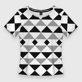 Женская футболка 3D Slim с принтом Черно белый геометрический узор треугольники в Тюмени,  |  | geometric pattern | geometric shapes | геометрические фигуры | геометрический узор | треугольники | черно белый