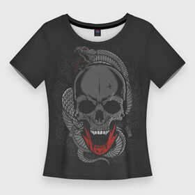 Женская футболка 3D Slim с принтом ЧЕРЕП СО ЗМЕЁЙ в Тюмени,  |  | art | background | gothic | skeleton | skull | snake | teeth | арт | готика | змея | зубы | скелет | фон | череп