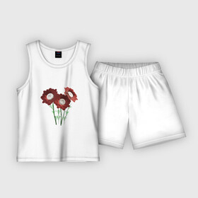 Детская пижама с шортами хлопок с принтом Flowers red white в Тюмени,  |  | Тематика изображения на принте: 3d | 3d flowers red | blossom | florets | plants