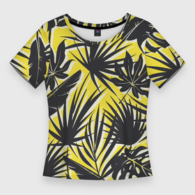 Женская футболка 3D Slim с принтом Красочная Тропическая Листва в Тюмени,  |  | jungles | palm | palm tree | summer | букет | деревья | джунгли | лето | листья | пальма | природа | растение | тропики | флора | чёрный