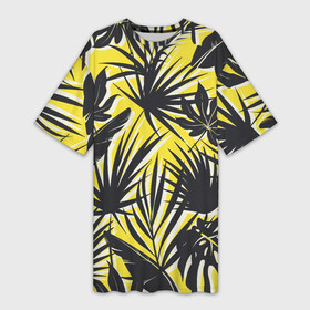 Платье-футболка 3D с принтом Красочная Тропическая Листва в Тюмени,  |  | jungles | palm | palm tree | summer | букет | деревья | джунгли | лето | листья | пальма | природа | растение | тропики | флора | чёрный