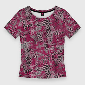 Женская футболка 3D Slim с принтом Тигровый леопардовый гранж в Тюмени,  |  | abstract | grunge | leopard | leopard skin | spott | striped | teaser skin | tiger | абстрактный | бордовый | вишневый | гранжевый | леопардовый | полосатый | пятнистый | текстурированный | тигровый | черный