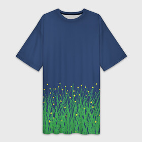 Платье-футболка 3D с принтом Трава с желтыми цветочками на синем фоне в Тюмени,  |  | желтый | лето | природа | синий | цветочки