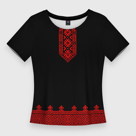 Женская футболка 3D Slim с принтом Черная славянская рубаха в Тюмени,  |  | гжель | рубаха | русский орнамент | русский стиль | русь | славяне | славянская рубаха | узор | хохлома