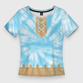 Женская футболка 3D Slim с принтом Славянская тай дай рубаха в Тюмени,  |  | гжель | рубаха | русский орнамент | русский стиль | русь | славяне | славянская рубаха | тай дай | тайдай | узор | хохлома