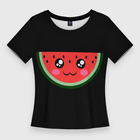 Женская футболка 3D Slim с принтом Арбузик на черном фоне в Тюмени,  |  | арбуз | арбузик | арбузик на черном фоне | арбузы | красный | лето | милый | сладкий | сочный | черный | черный фон