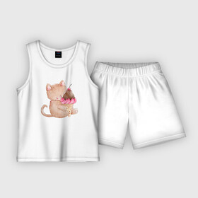 Детская пижама с шортами хлопок с принтом Маленькая кошечка с мороженым в Тюмени,  |  | Тематика изображения на принте: кот | котенок | котик | кошечка | лето | мороженое