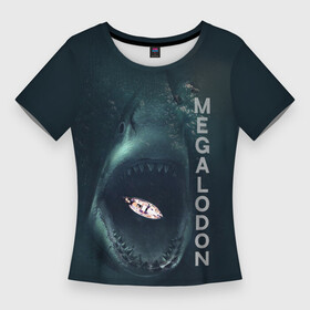 Женская футболка 3D Slim с принтом Мегалодон в тихом омуте в Тюмени,  |  | акула | вымершая акула | гигантская акула | лодка | мегалодон | надпись