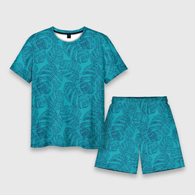 Мужской костюм с шортами 3D с принтом Синие листья монстеры на голубом в Тюмени,  |  | Тематика изображения на принте: blue | blue leaves | botanical | hawaii | jungle | leaves | light blue | monochrome | monstera | palm | tropical | ботанический | гавайи | джунгли | листья | монохромный | монстера | пальма | синие листья | синий | тропический