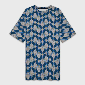 Платье-футболка 3D с принтом Синие, бежевые ромбы в Тюмени,  |  | beige | blue | blue rhombuses | geometric | harlequin | rhombic | rhombuses | texture | textured | zig zag | арлекин | бежевые | геометрический | зиг заг | ромбический | ромбы | синие | синие ромбы | текстура | текстурированный