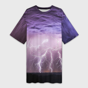 Платье-футболка 3D с принтом Гроза в ночном небе в Тюмени,  |  | element | lightning | nature | storm | storm cloud | гроза | молния | природа | стихия | тучи
