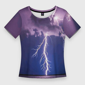 Женская футболка 3D Slim с принтом Разряд молний над океаном в Тюмени,  |  | Тематика изображения на принте: element | lightning | nature | ocean | storm | storm cloud | гроза | молнмя | океан | природа | стихия | туча