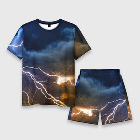 Мужской костюм с шортами 3D с принтом Разряд молнии в грозовом небе в Тюмени,  |  | element | lightning | neon | sky | storm | storm cloud | гроза | молния | небо | неон | стихия | туча