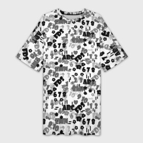 Платье-футболка 3D с принтом Black and white alphabet and numbers в Тюмени,  |  | alphabet | black and white | numbers | алфавит | буквы | детский | цифры | черно белый | школьный