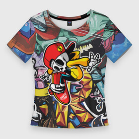 Женская футболка 3D Slim с принтом Cool skater в Тюмени,  |  | baseball cap | graffiti | skateboard | skater | skeleton | skull | sneakers | wall | бейсболка | граффити | кроссовки | скейтборд | скелет | стена | череп