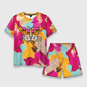 Мужской костюм с шортами 3D с принтом Цветы, бабочка и морда тигра в Тюмени,  |  | butterfly | fangs | flowers | illusion | jaw | tiger | бабочка | иллюзия | клыки | пасть | тигр | цветы