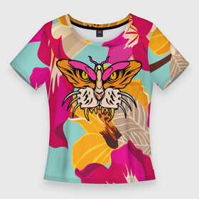 Женская футболка 3D Slim с принтом Цветы, бабочка и морда тигра в Тюмени,  |  | butterfly | fangs | flowers | illusion | jaw | tiger | бабочка | иллюзия | клыки | пасть | тигр | цветы