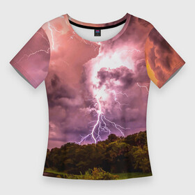 Женская футболка 3D Slim с принтом Грозовые разряды молний над лесным озером в Тюмени,  |  | Тематика изображения на принте: forest | lake | lightning | nature | storm | storm cloud | гроза | лес | молния | озеро | природа | туча