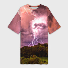 Платье-футболка 3D с принтом Грозовые разряды молний над лесным озером в Тюмени,  |  | Тематика изображения на принте: forest | lake | lightning | nature | storm | storm cloud | гроза | лес | молния | озеро | природа | туча