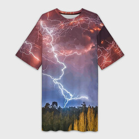 Платье-футболка 3D с принтом Грозовые разряды молний над лесом в Тюмени,  |  | Тематика изображения на принте: element | forest | lightning | nature | storm | storm cloud | гроза | лес | молния | природа | стихия | туча
