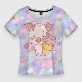 Женская футболка 3D Slim с принтом Время мороженого в Тюмени,  |  | жара | жарко | лето | мороженое | поросенок | свинка | свинья