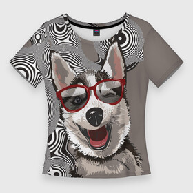Женская футболка 3D Slim с принтом Веселый хаски в Тюмени,  |  | веселое | голова собаки | ездовая собака | животное | порода | собака | хаски