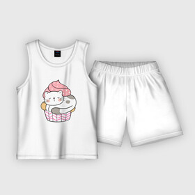 Детская пижама с шортами хлопок с принтом Котик в стаканчике с мороженым в Тюмени,  |  | кот | котенок | котик | кошечка | лето | мороженое