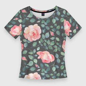 Женская футболка 3D Slim с принтом Розовые розы на сером фоне Цветы в Тюмени,  |  | flowers | greensoul | pink roses | rose | roses | ботаника | растительный | роза | розовые розы | розовые цветы | розы | цветочный | цветы
