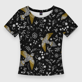 Женская футболка 3D Slim с принтом Птицы и цветы с эффектом вышивки в Тюмени,  |  | birds | greensoul | вышивка | птица | птицы | птичка | птички | растения | с птицами | с эффектом вышивки | цветы | эффект вышивки